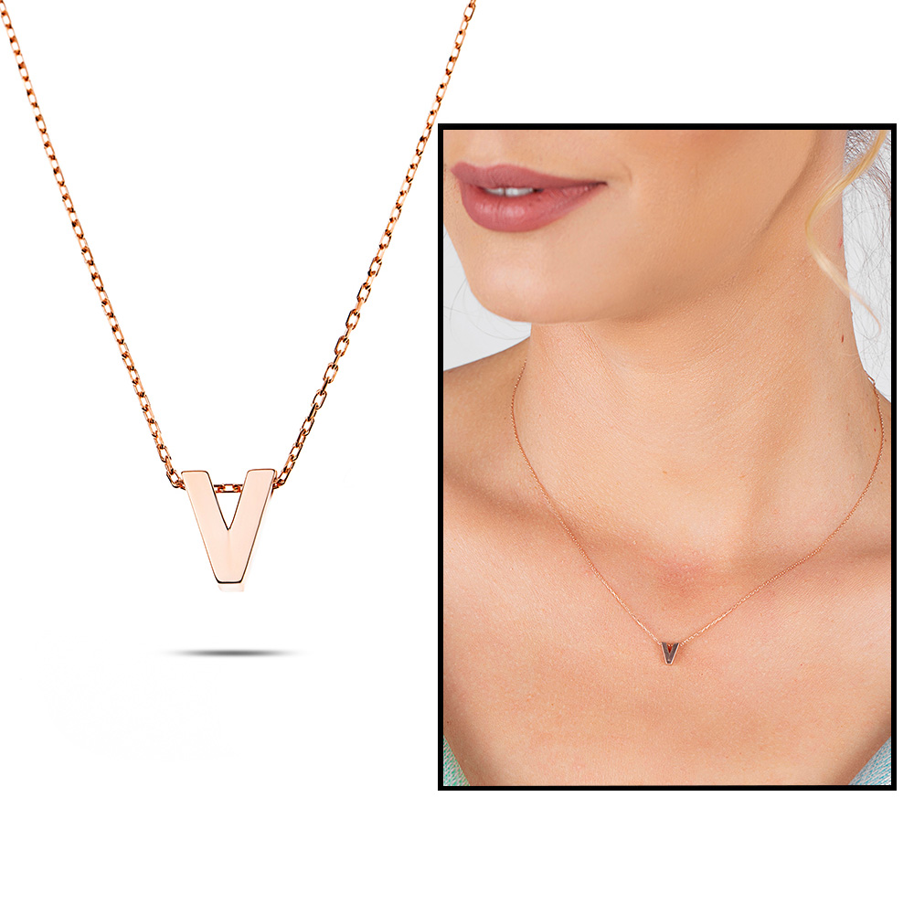 3D Tasarım Rose Renk 925 Ayar Gümüş V Harf Kolye - 1