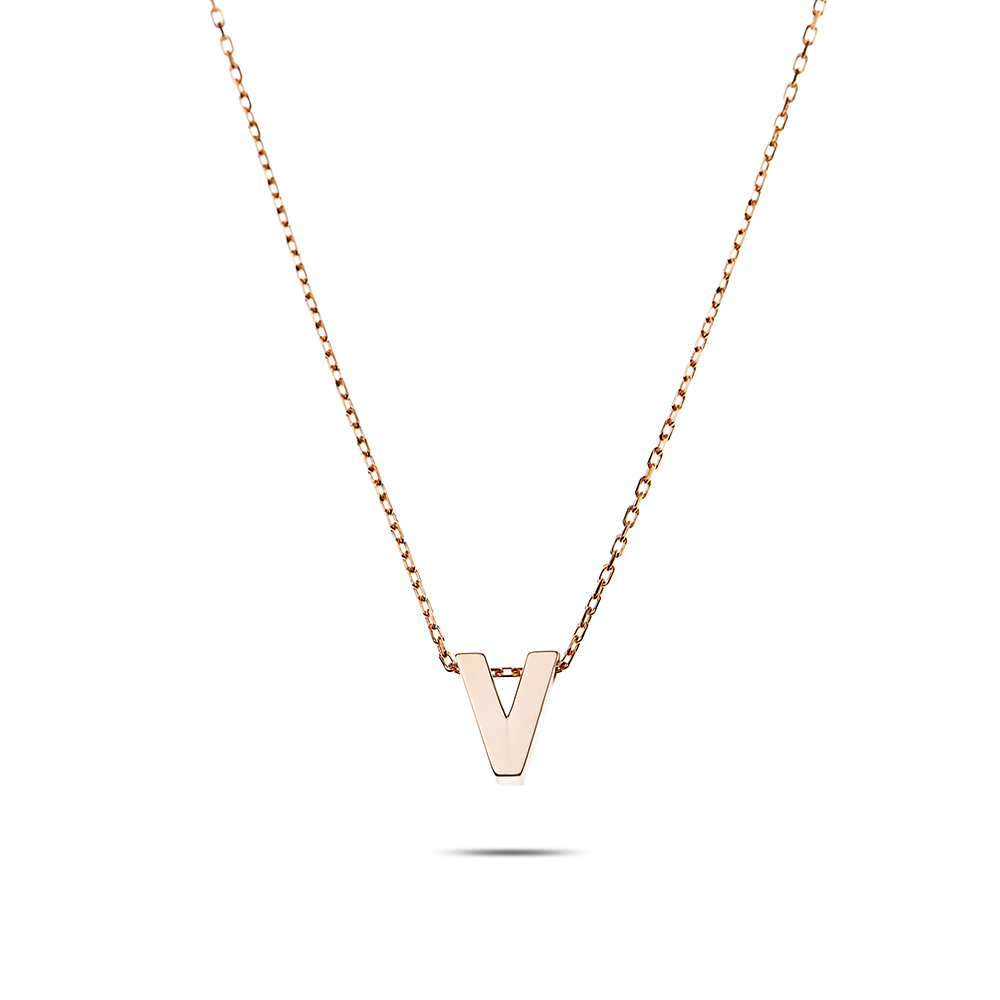 3D Tasarım Rose Renk 925 Ayar Gümüş V Harf Kolye - 5