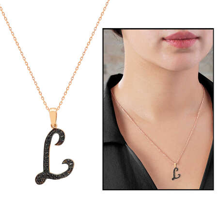 3D Tasarım Siyah Zirkon Taşlı 925 Ayar Gümüş El Yazısı Harf Kolye L - Tesbihane