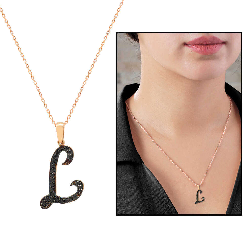 3D Tasarım Siyah Zirkon Taşlı 925 Ayar Gümüş El Yazısı Harf Kolye L - 1