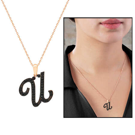 3D Tasarım Siyah Zirkon Taşlı 925 Ayar Gümüş El Yazısı Harf Kolye Ü - STOKYOK