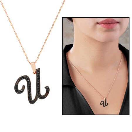 3D Tasarım Siyah Zirkon Taşlı 925 Ayar Gümüş El Yazısı Harf Kolye U - Tesbihane