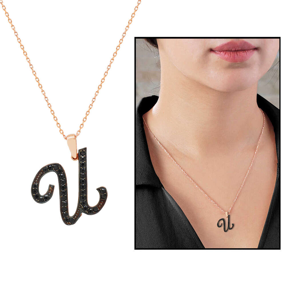 3D Tasarım Siyah Zirkon Taşlı 925 Ayar Gümüş El Yazısı Harf Kolye U - 1