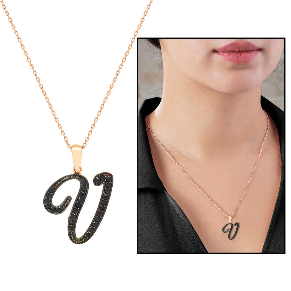 3D Tasarım Siyah Zirkon Taşlı 925 Ayar Gümüş El Yazısı Harf Kolye V - 1