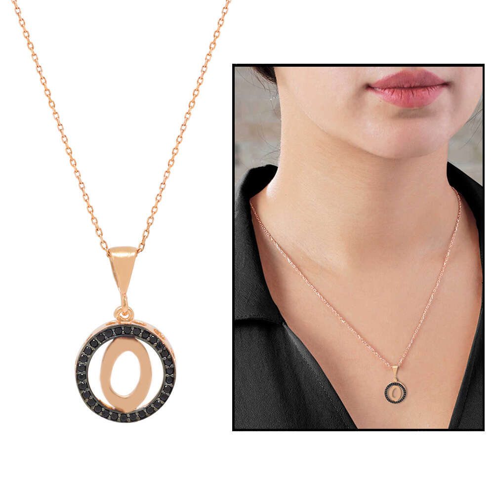 3D Tasarım Siyah Zirkon Taşlı 925 Ayar Gümüş Harf Kolye 0 - 1