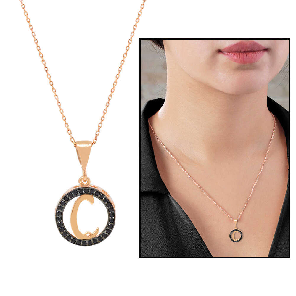 3D Tasarım Siyah Zirkon Taşlı 925 Ayar Gümüş Harf Kolye Ç - 1