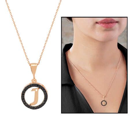 3D Tasarım Siyah Zirkon Taşlı 925 Ayar Gümüş Harf Kolye İ - Tesbihane