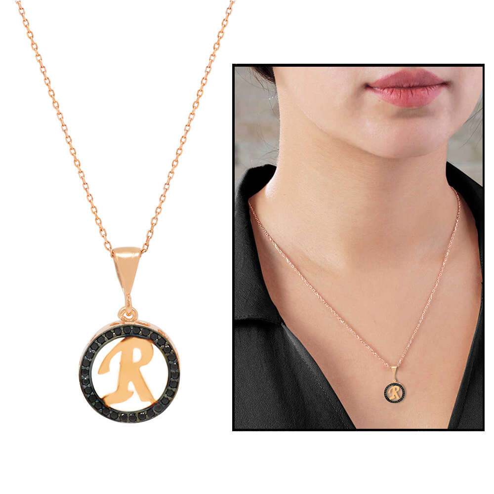 3D Tasarım Siyah Zirkon Taşlı 925 Ayar Gümüş Harf Kolye R - 2