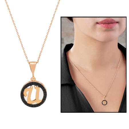 3D Tasarım Siyah Zirkon Taşlı 925 Ayar Gümüş Harf Kolye Ü - Tesbihane