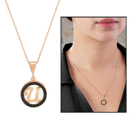 3D Tasarım Siyah Zirkon Taşlı 925 Ayar Gümüş Harf Kolye U - Tesbihane