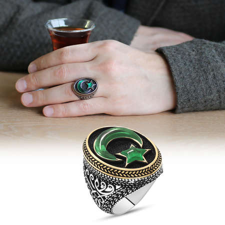 3D Tasarım Yeşil Kehribar Ayyıldız Dolgulu 925 Ayar Gümüş Erkek Yüzük - Tesbihane