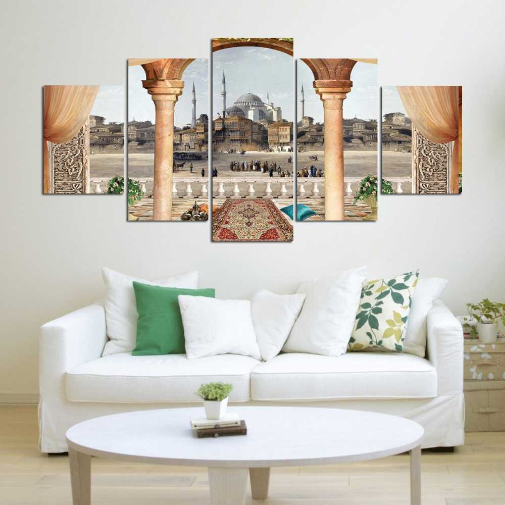 5 Parça Cami ve Şehir Manzaralı Kanvas Tablo (Model-3) - 2