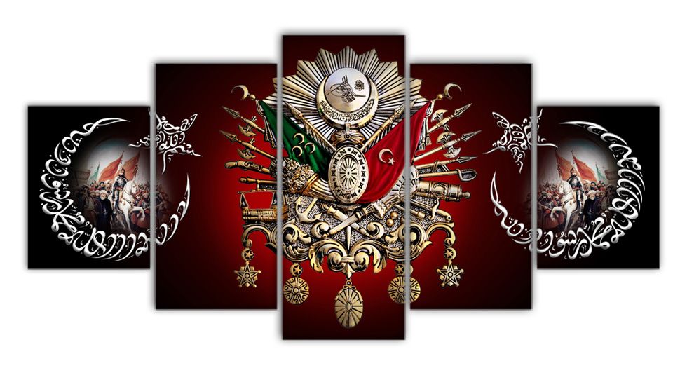 5 Parça Fatih Sultan Mehmed Han Resimli Osmanlı Armalı Kanvas Tablo - 1