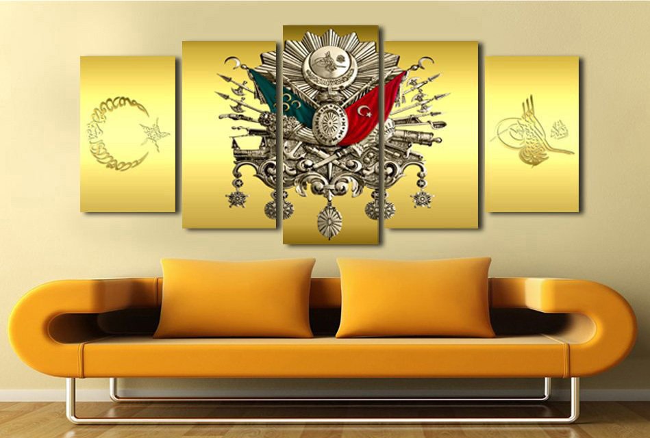 5 Parça Gold Zemin Osmanlı Arma Kanvas Tablo - 1