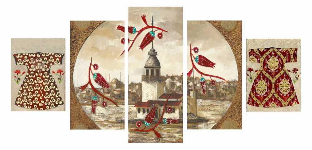 5 Parça Lale Tasarım Kız Kulesi Kanvas Tablo - 1