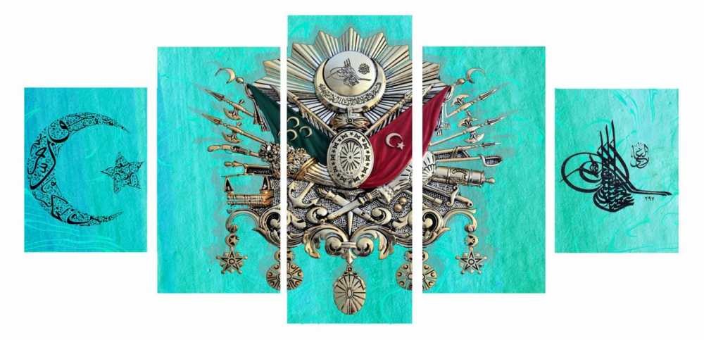 5 Parça Okyanus Rengi Özel Tasarım Osmanlı Arma Kanvas Tablo - 1