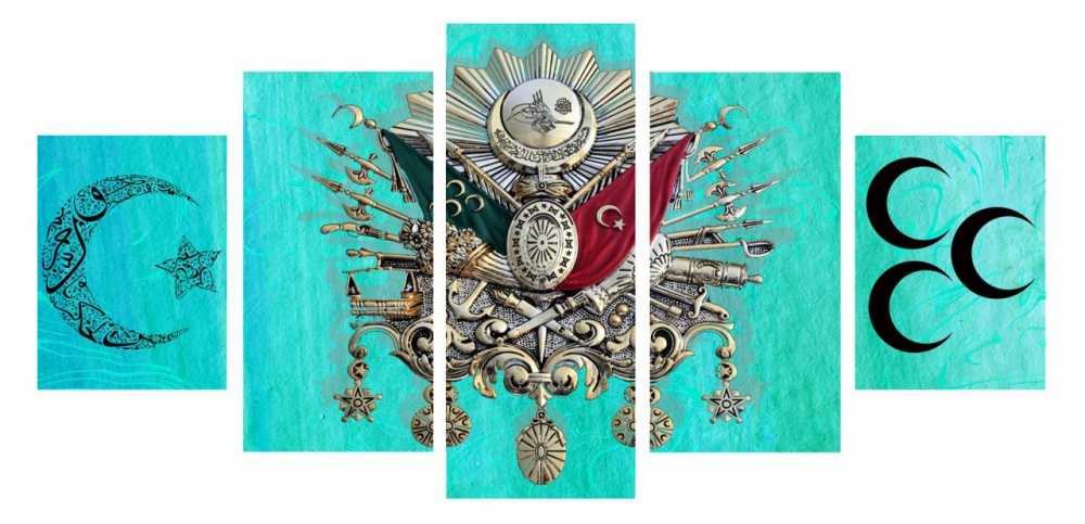 5 Parça Okyanus Rengi Üç Hilal Osmanlı Arma Kanvas Tablo - 1