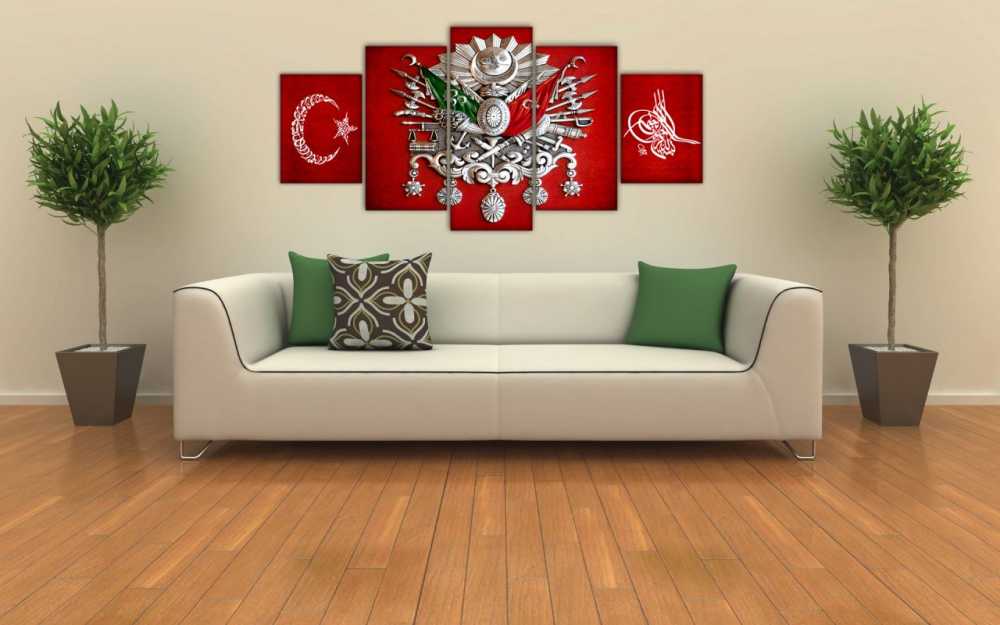 5 Parça Osmanlı Devlet Armalı Ayyıldız Tuğralı Kanvas Tablo - 3