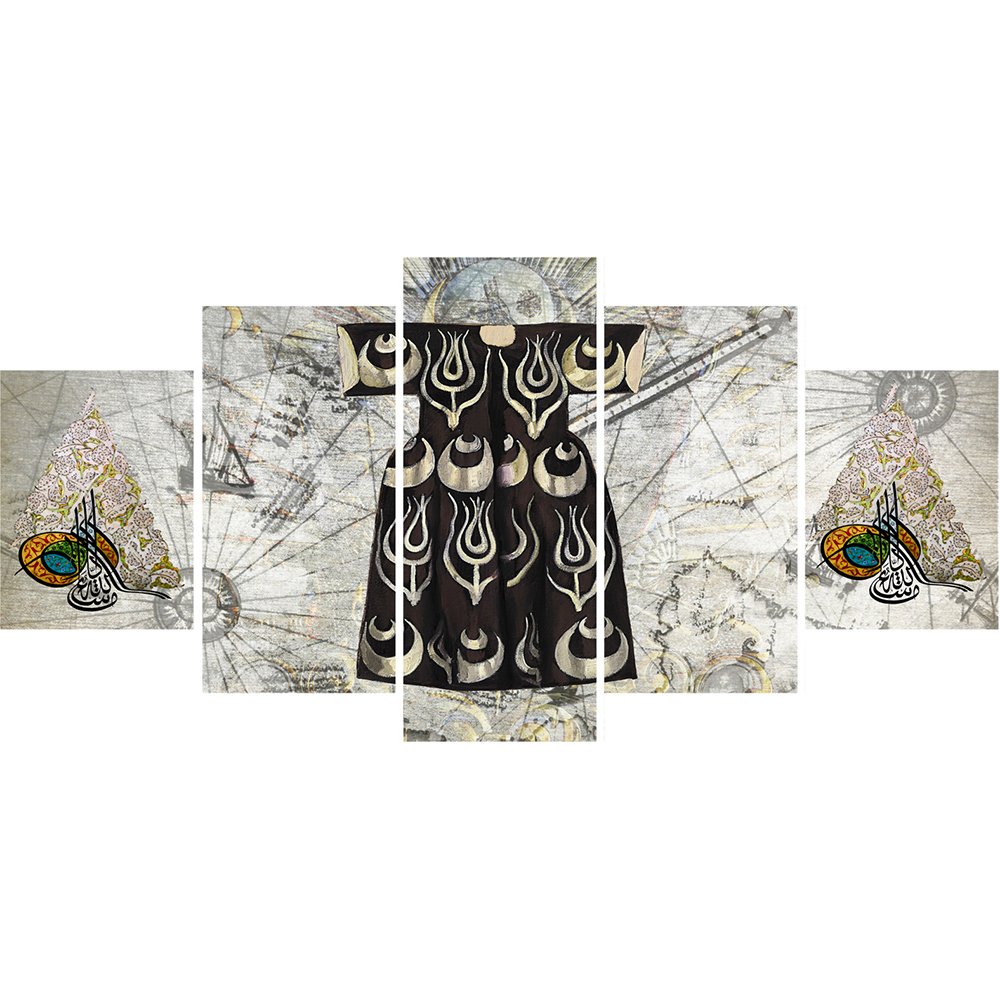 5 Parça Osmanlı Kaftan ve Tuğra Temalı Kanvas Tablo - 1