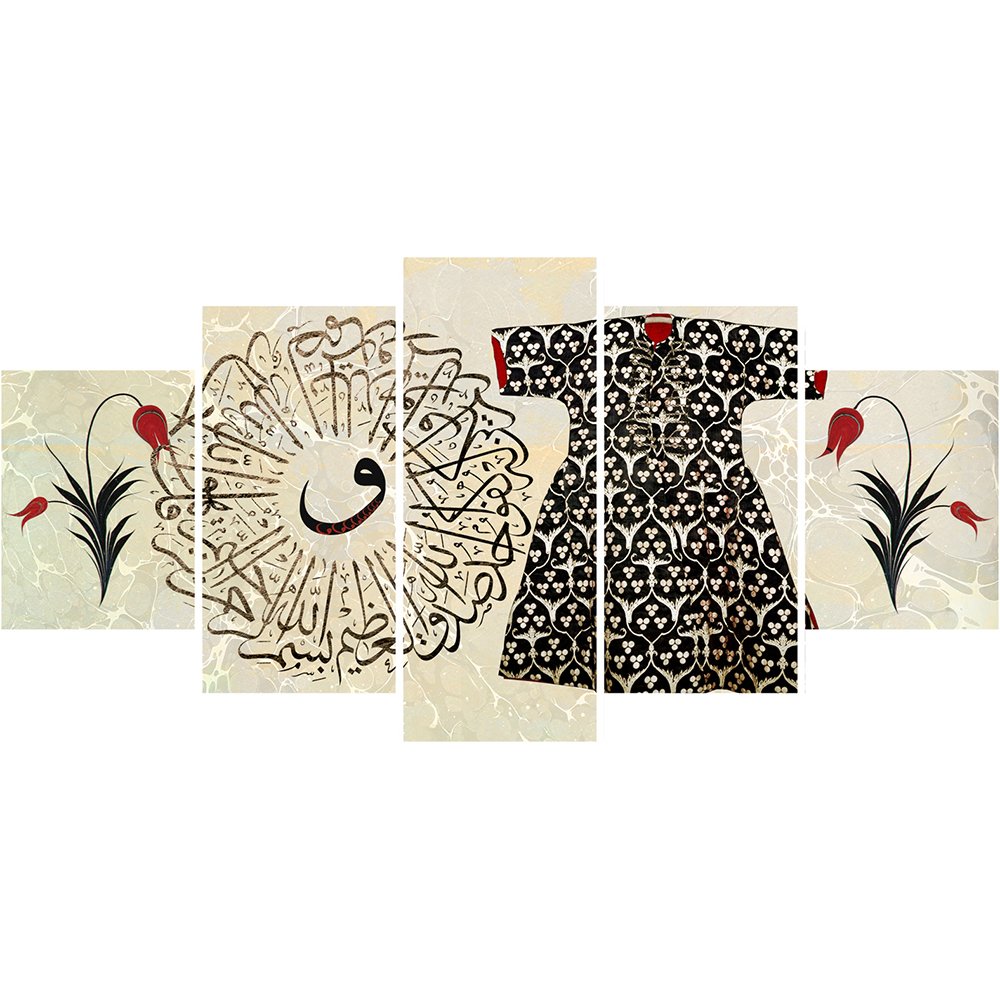 5 Parça Osmanlı Kaftan ve Vav Temalı Kanvas Tablo (Model-2) - 1