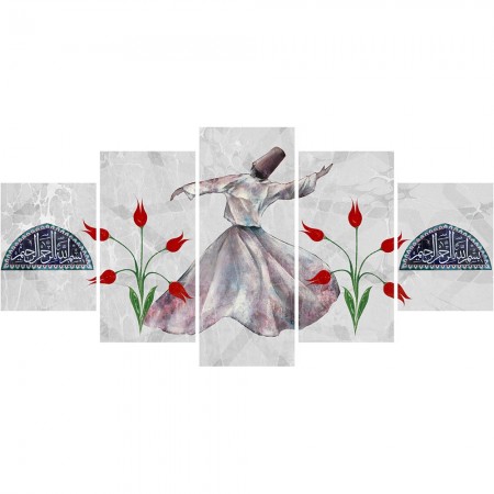 5 Parça Semazen ve Lale Temalı Kanvas Tablo - Tesbihane