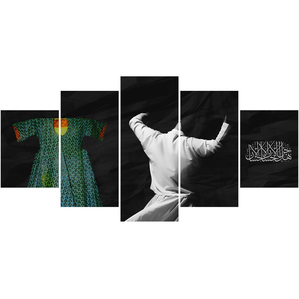 5 Parça Semazen ve Osmanlı Kaftan Temalı Kanvas Tablo - 1