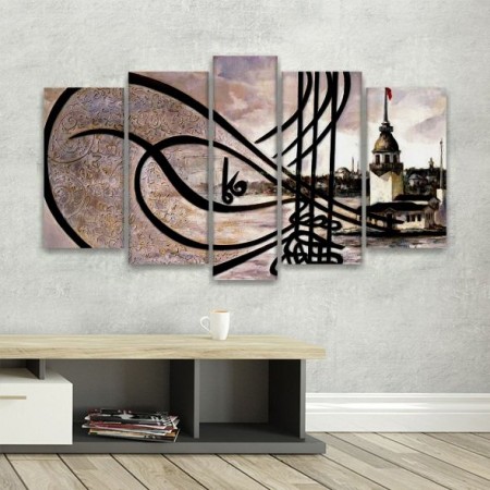 5 Parça Tuğra ve Kız Kulesi Resimli 5 Parça Kanvas Tablo - Tesbihane