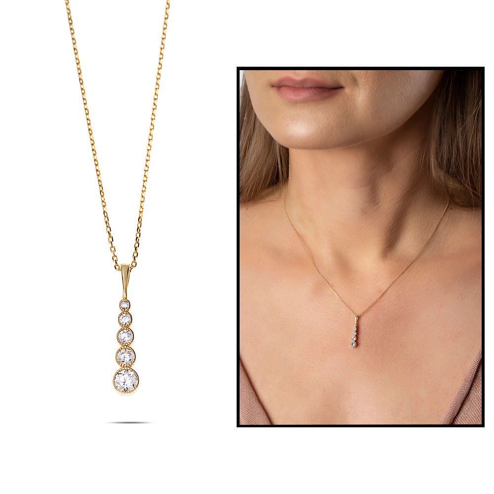 5 li Damla Tasarım Zirkon Taşlı Altın Renk 925 Ayar Gümüş Bayan Kolye - 1