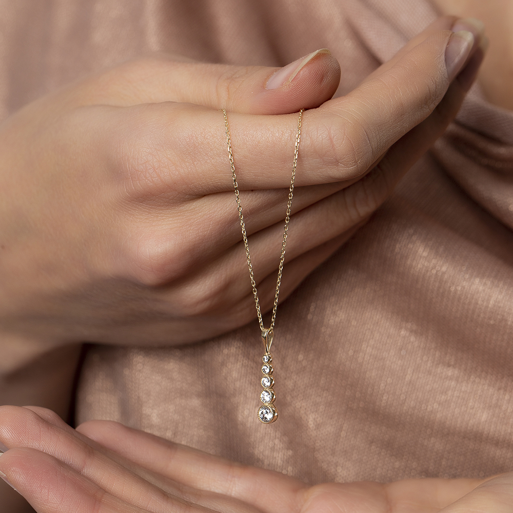 5 li Damla Tasarım Zirkon Taşlı Altın Renk 925 Ayar Gümüş Bayan Kolye - 4