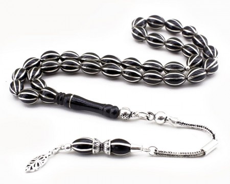 925 Ayar Gümüş Püsküllü Gümüş İşlemeli Karpuz Yarma Erzurum Oltu Taşı Tesbih - Tesbihane