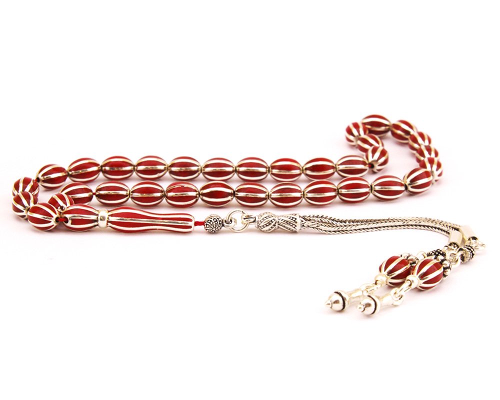 8li Yarma Kırmızı Mineli 925 Ayar Gümüş Tesbih (Model-2) - 1