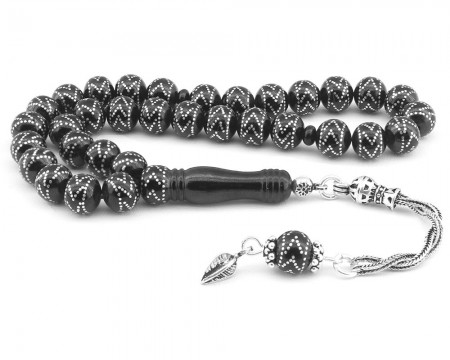 925 Ayar Gümüş Püsküllü Zigzag işlemeli 120 Çakmalı Erzurum Oltu Taşı Tesbih - Tesbihane