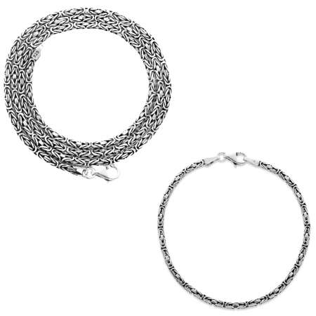 925 Ayar Gümüş 3 mm Genişlik 80 Mikron Kalınlık Erkek Kral Zincir ve Bileklik Kombini - Tesbihane