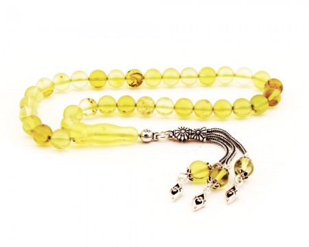 925 Ayar Gümüş 3 Püsküllü Damla Kehribar Tesbih - Tesbihane