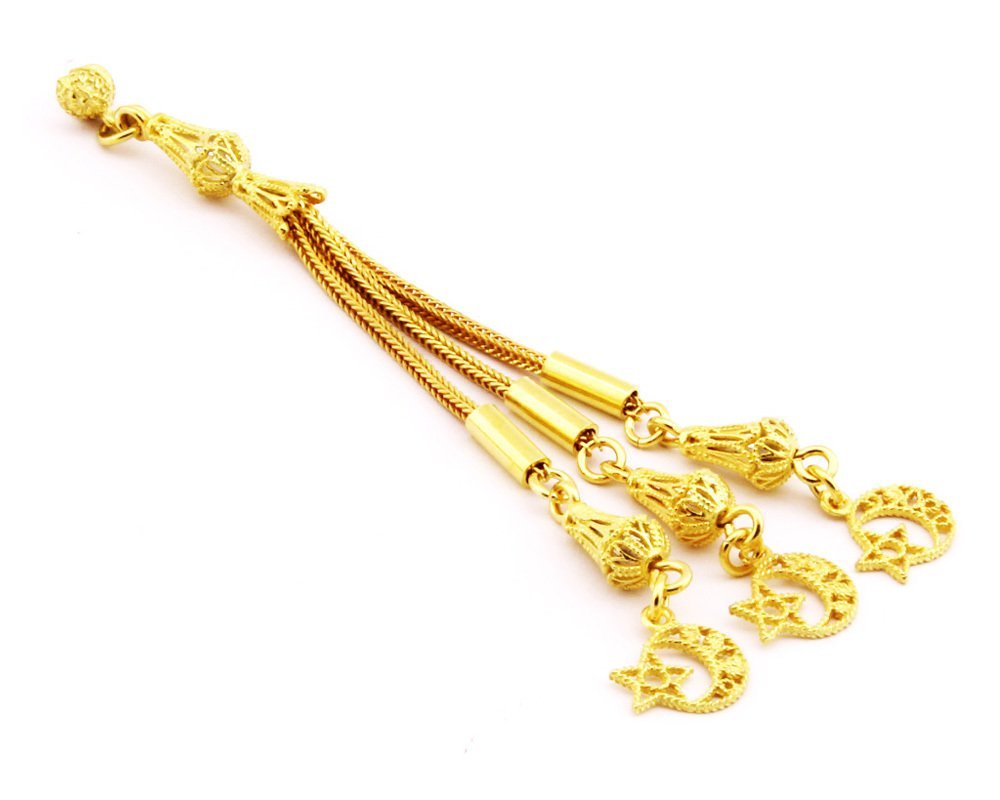 Ayyıldız Motifli Telkari Model Gold Renk 3'lü 925 Ayar Gümüş Püskül - 1