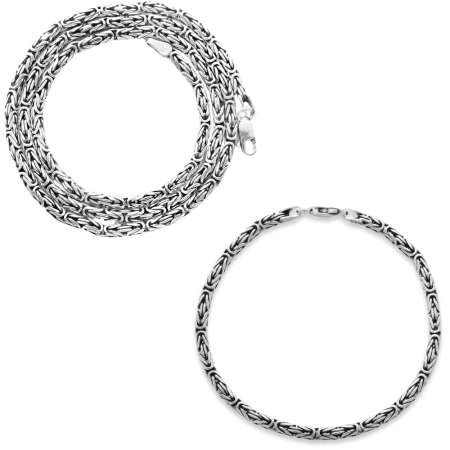 925 Ayar Gümüş 4 mm Genişlik 80 Mikron Kalınlık Erkek Kral Zincir ve Bileklik Kombini - Tesbihane