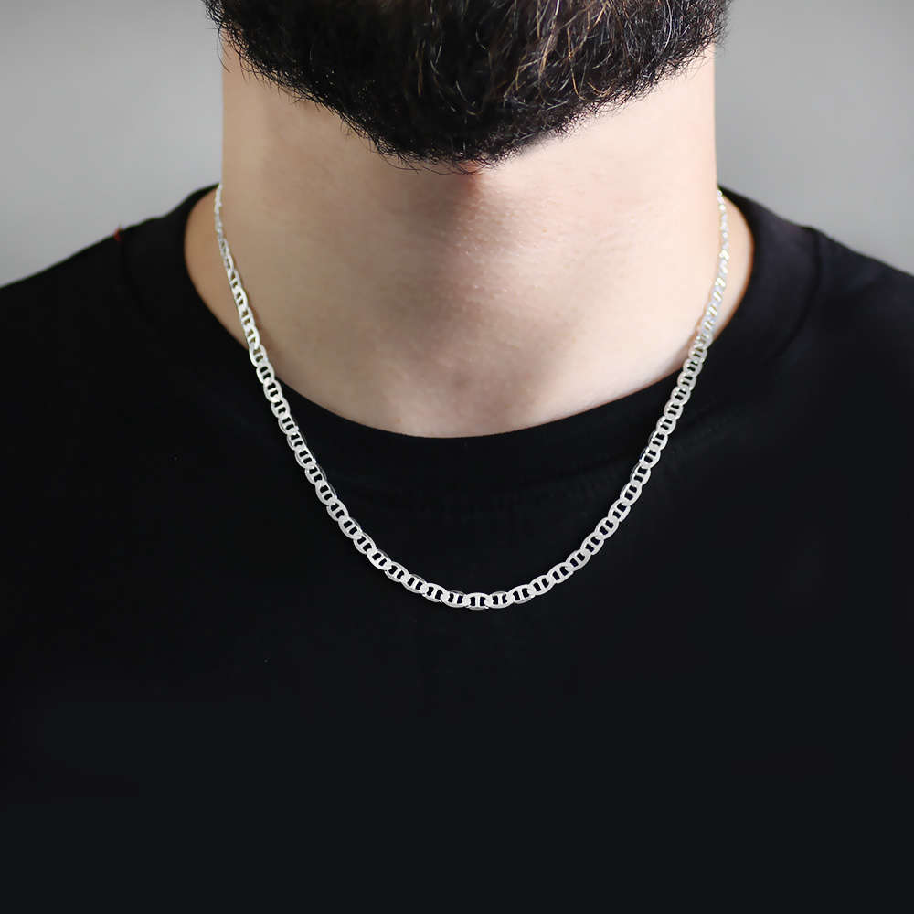 925 Ayar Gümüş 50 cm Uzunluk 100 Mikron Kalınlık Barlı Erkek Zincir Kolye - 4