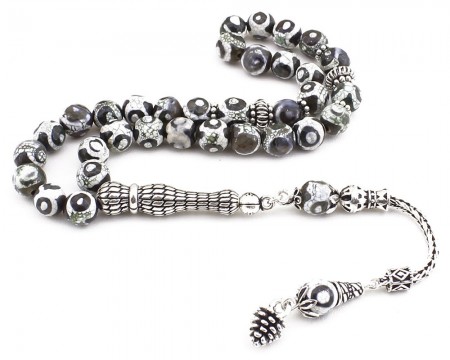 925 Ayar Gümüş Akik Taşı Üzerine Göz İşlemeli Akik Tesbih - Tesbihane