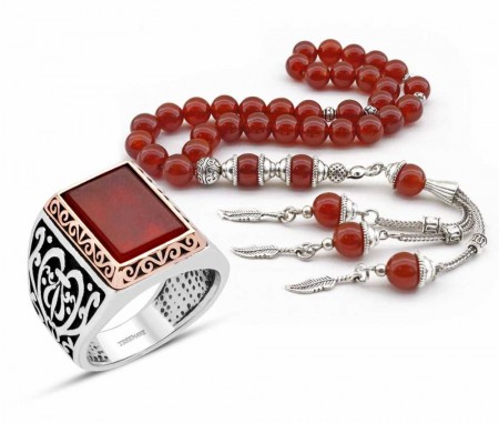 925 Ayar Gümüş Akik Taşlı Yüzük Akik Tesbih Kombini - Tesbihane