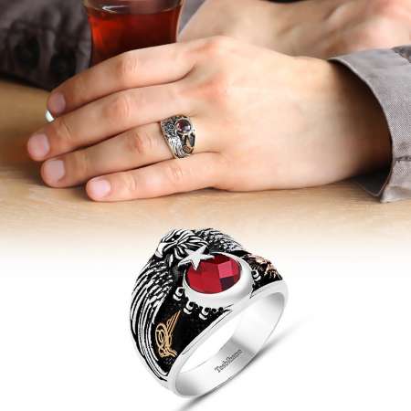 Tuğra ve Arma İşlemeli Anadolu Kartalı 925 Ayar Gümüş Erkek Yüzük - Tesbihane