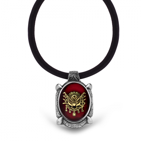 925 Ayar Gümüş Arma Desen Kırmızı Mineli Kolye - Tesbihane