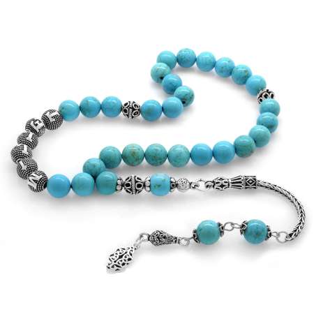 925 Ayar Gümüş Arma Püsküllü Küre Kesim İsim Yazılı Turkuaz Doğaltaş Tesbih - Tesbihane