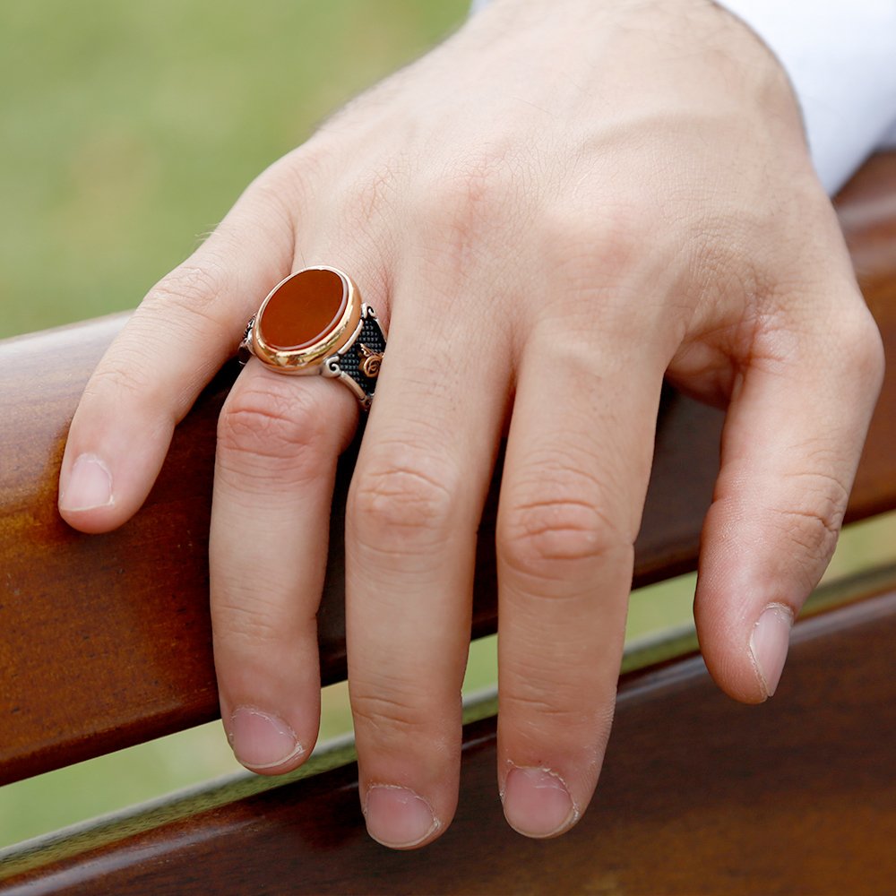 Arma ve Tuğra İşlemeli Akik Taşlı 925 Ayar Gümüş Erkek Yüzük - 5