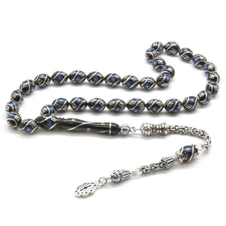 925 Ayar Gümüş Arnavut Püsküllü Gümüş Firuze İşlemeli Erzurum Oltu Taşı Tesbih - Tesbihane