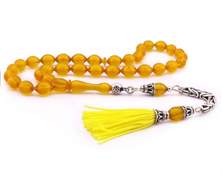 925 Ayar Gümüş Arpa Kesim Sarı Sıkma Kehribar Tesbih - Tesbihane