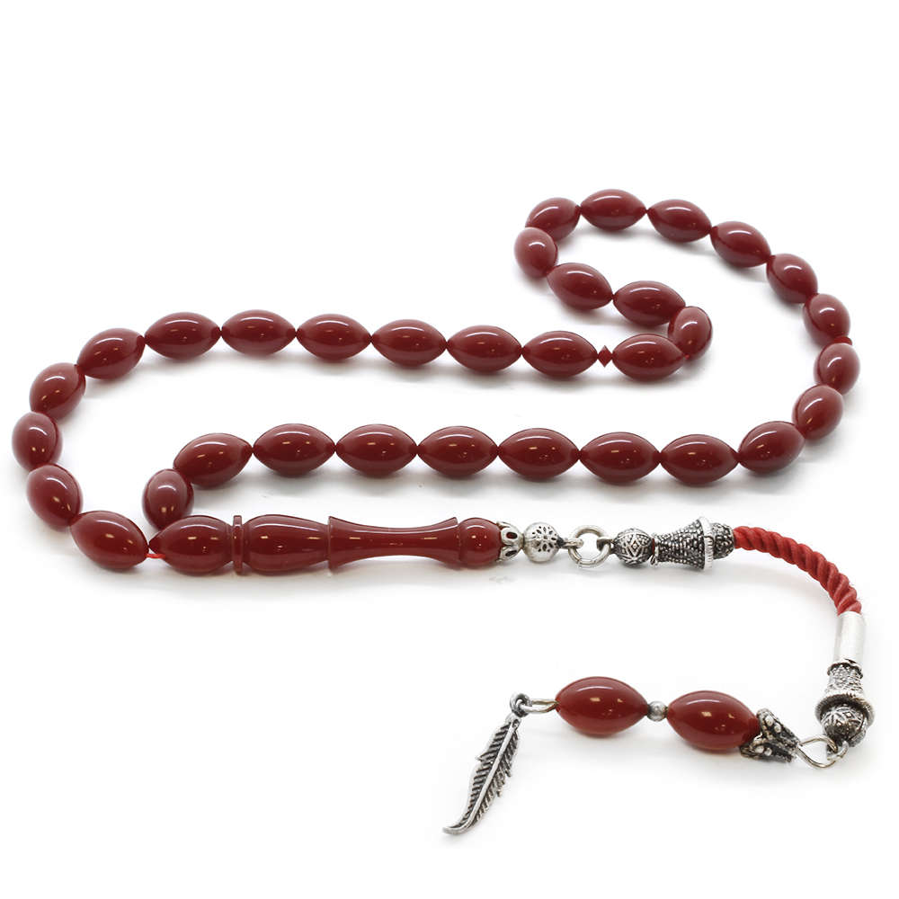925 Ayar Gümüş Arpa Kesim Sıkma Kehribar Tesbih (Model-6) - 1
