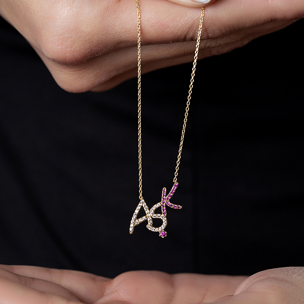 Pembe-Beyaz Zirkon Taşlı Aşk Yazılı 925 Ayar Gümüş Bayan Kolye - 4