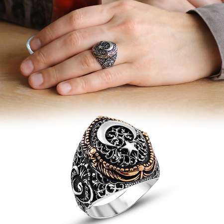 Vav Yazılı Özel Tasarım Ayyıldız Motifli 925 Ayar Gümüş Erkek Yüzük - STOKYOK