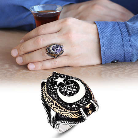 Ayyıldız Motifli Pençe Tasarım 925 Ayar Gümüş Erkek Yüzük - Tesbihane