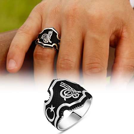 Ayyıldız İşlemeli Tuğra Motifli 925 Ayar Gümüş Erkek Yüzük - Tesbihane